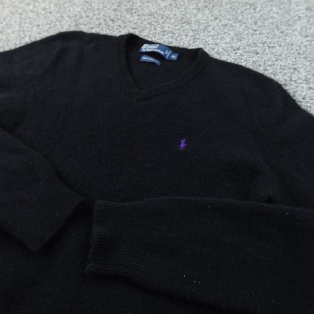VTG Polo Ralph Lauren Sweater Mens XL Black Lambswool V Neck Knit Pullover Pony